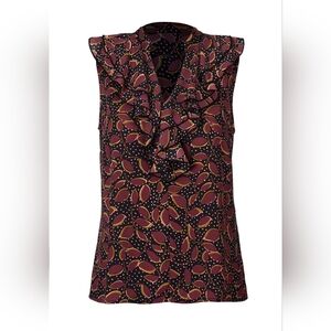CAbi Study Top - Burgundy and Gold Leaf-Print Ruffle V-Neck Camisole